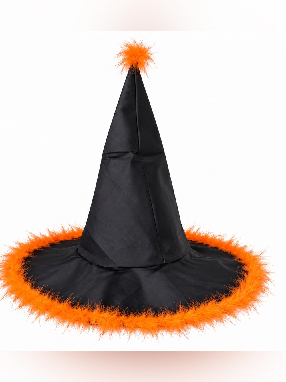 Black Witch Hat with Orange Feather Trim - Women's Halloween costume Accessory